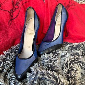 Christian Louboutin Black Leather & Blue Mesh Pumps – Size 6.5 with Dust Bags